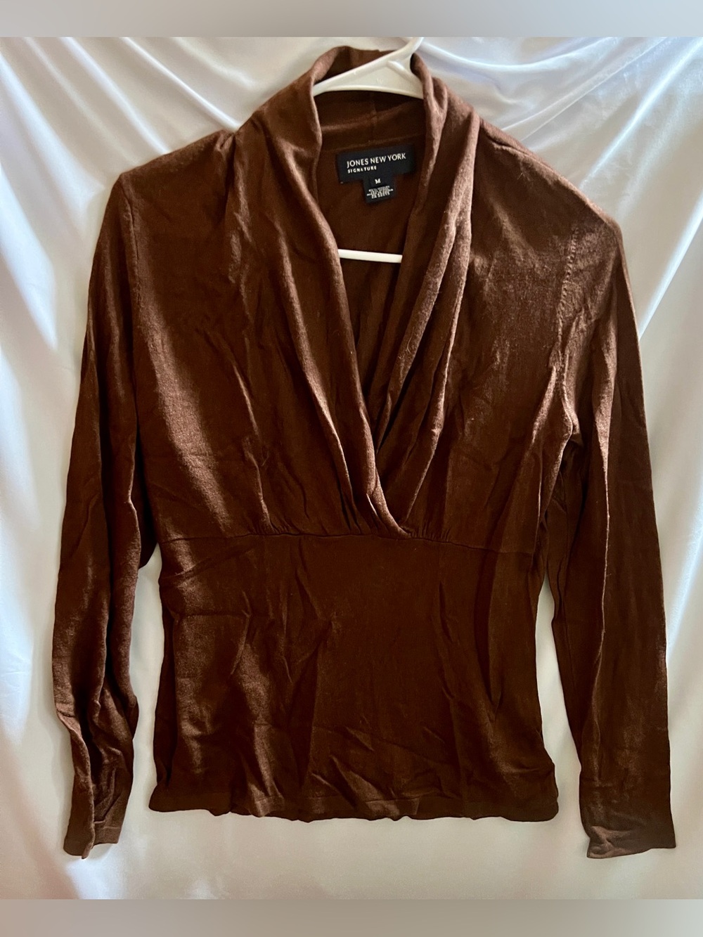 Jones New York Signature Brown Cowl Wrap Neck Top Modal Wool Blend Medium M